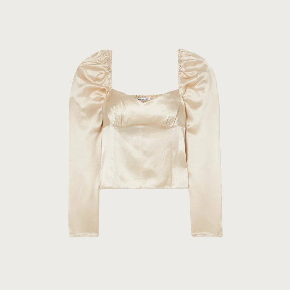 Reformation 100% Silk Roe Puff Sleeve Blouse Top Champagne Gold Minimalist Glam